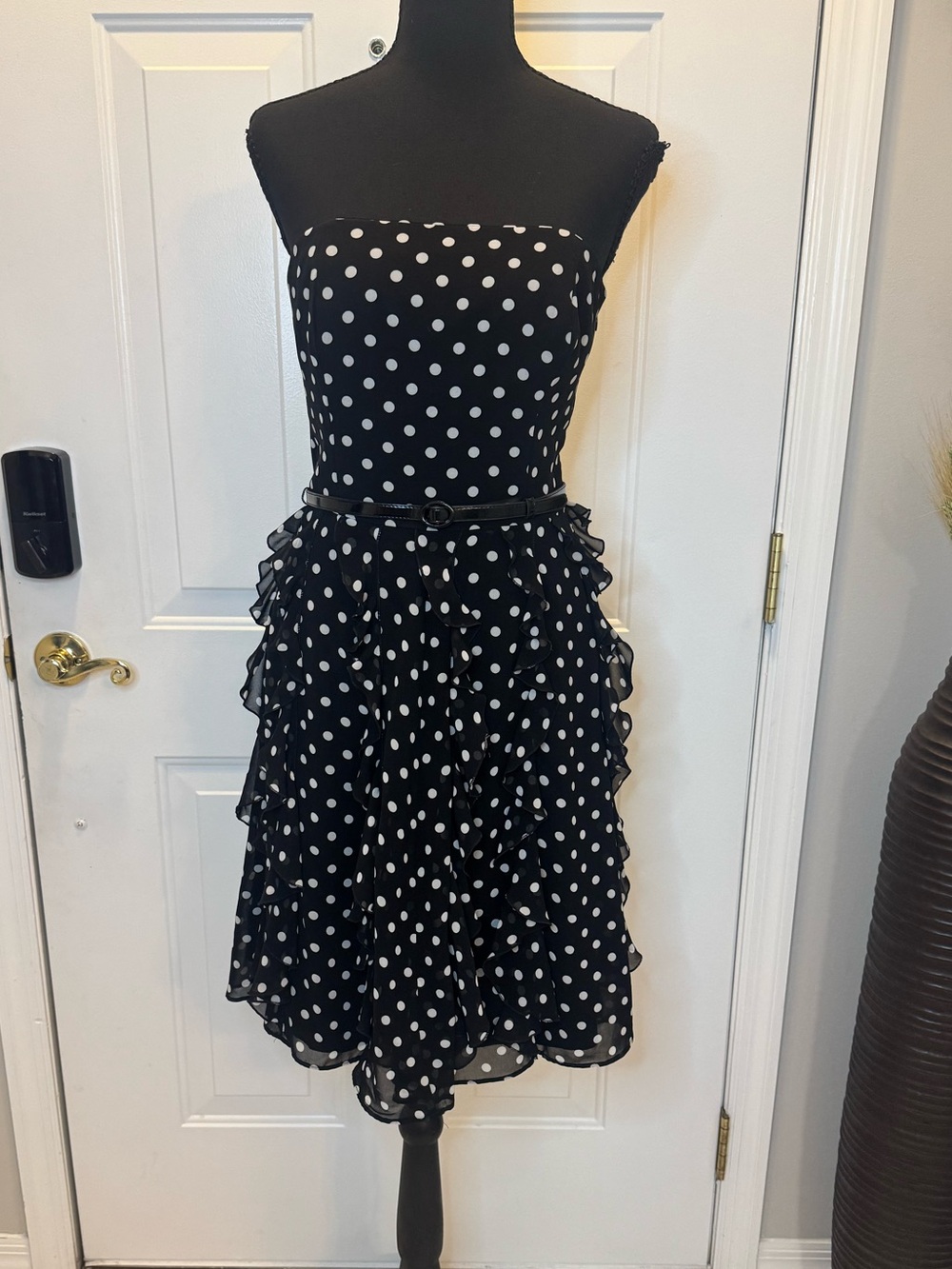 White House Black Market Black & White Polka Dot Strapless Ruffle Dress